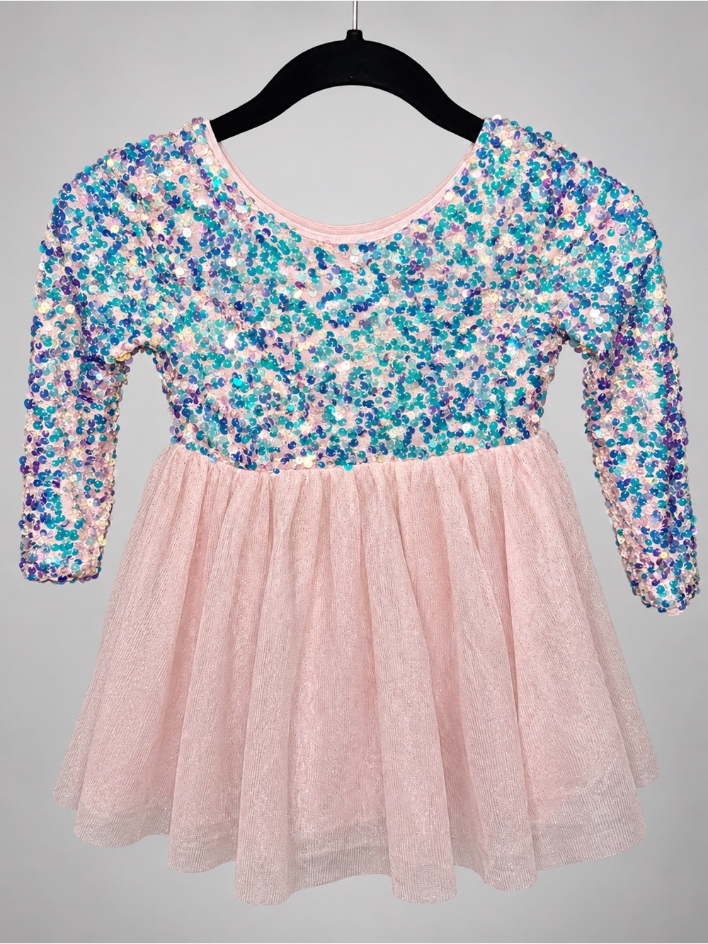 Cat & Jack Girls XS 4/5 Pink Sequin Tulle Party Dress Long Sleeve Sparkle